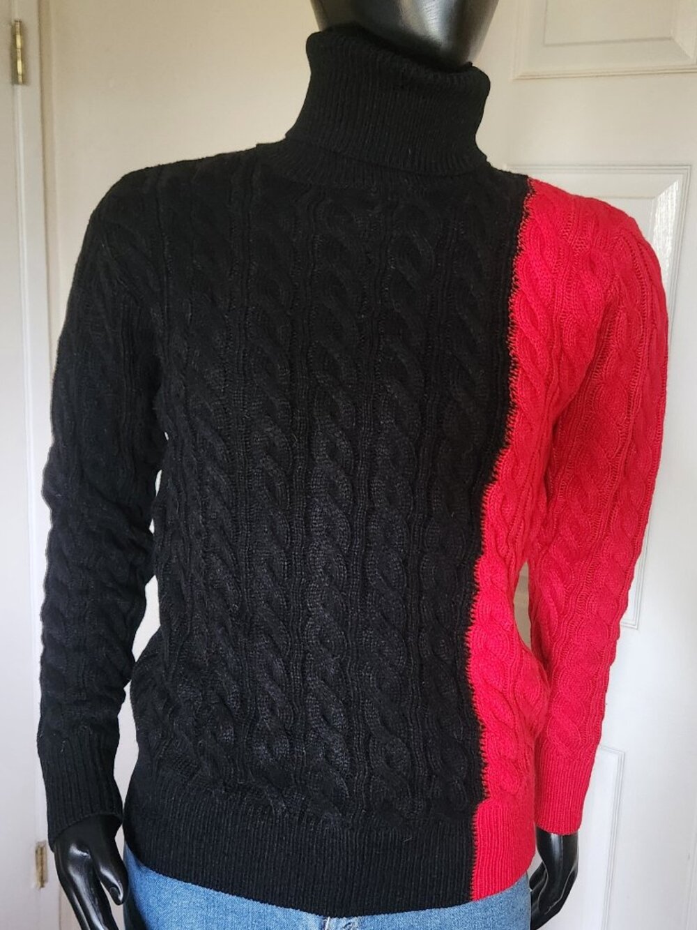 Men's Black and Red Cable knit Turtleneck Sweater by OKaywear. Size M